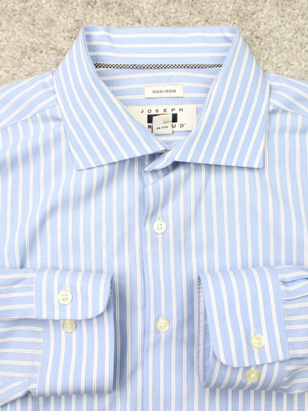 Joseph Abboud Shirt Men 17, 34/35 Blue/White Striped Non-Iron Cotton Long Sleeve